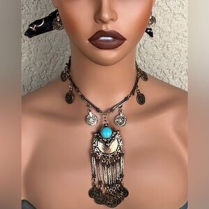 Bohemian Turquoise and Gold Banjar Coin Necklace Set